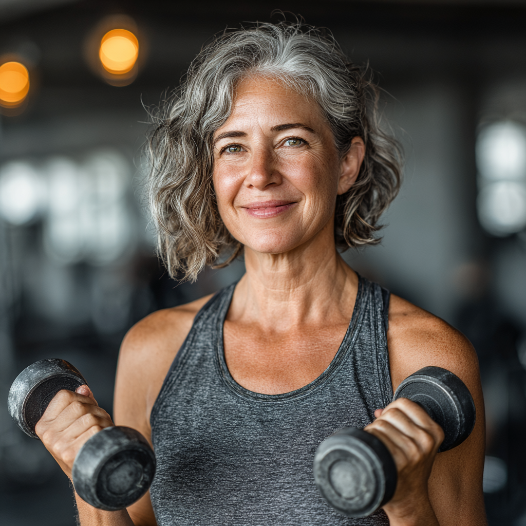 Confident middle-aged woman in her 50s wearing workout attire, smiling while holding dumbbells in a modern gym setting, demonstrating strength and vitality
